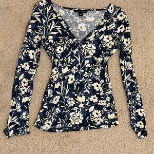 Zara Navy and Cream Floral Blouse